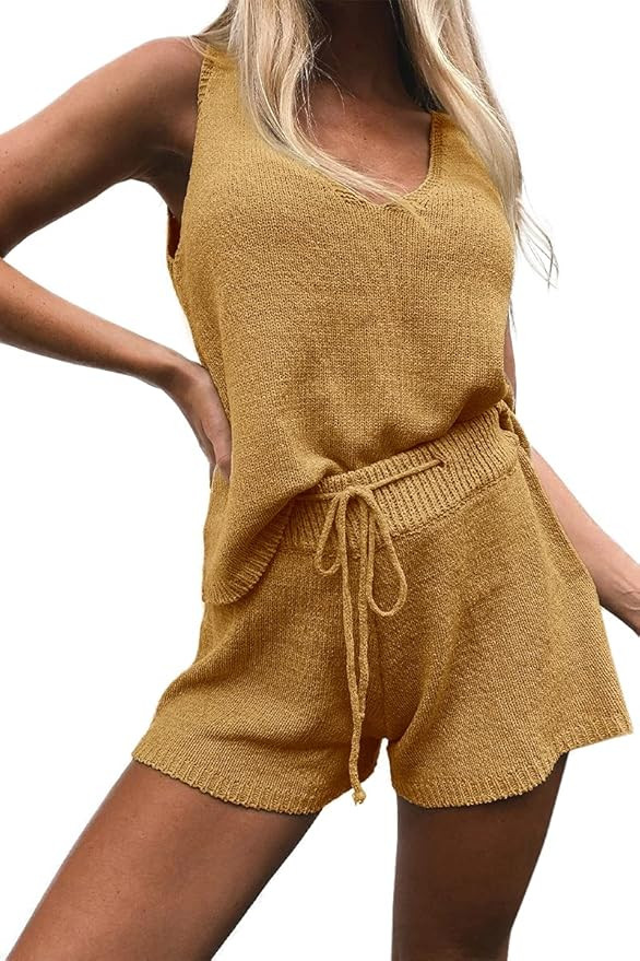Women's Summer Lounge Sets Knit 2 Piece Outfits Tank Tops and Shorts Loungewear | Amazon (US)