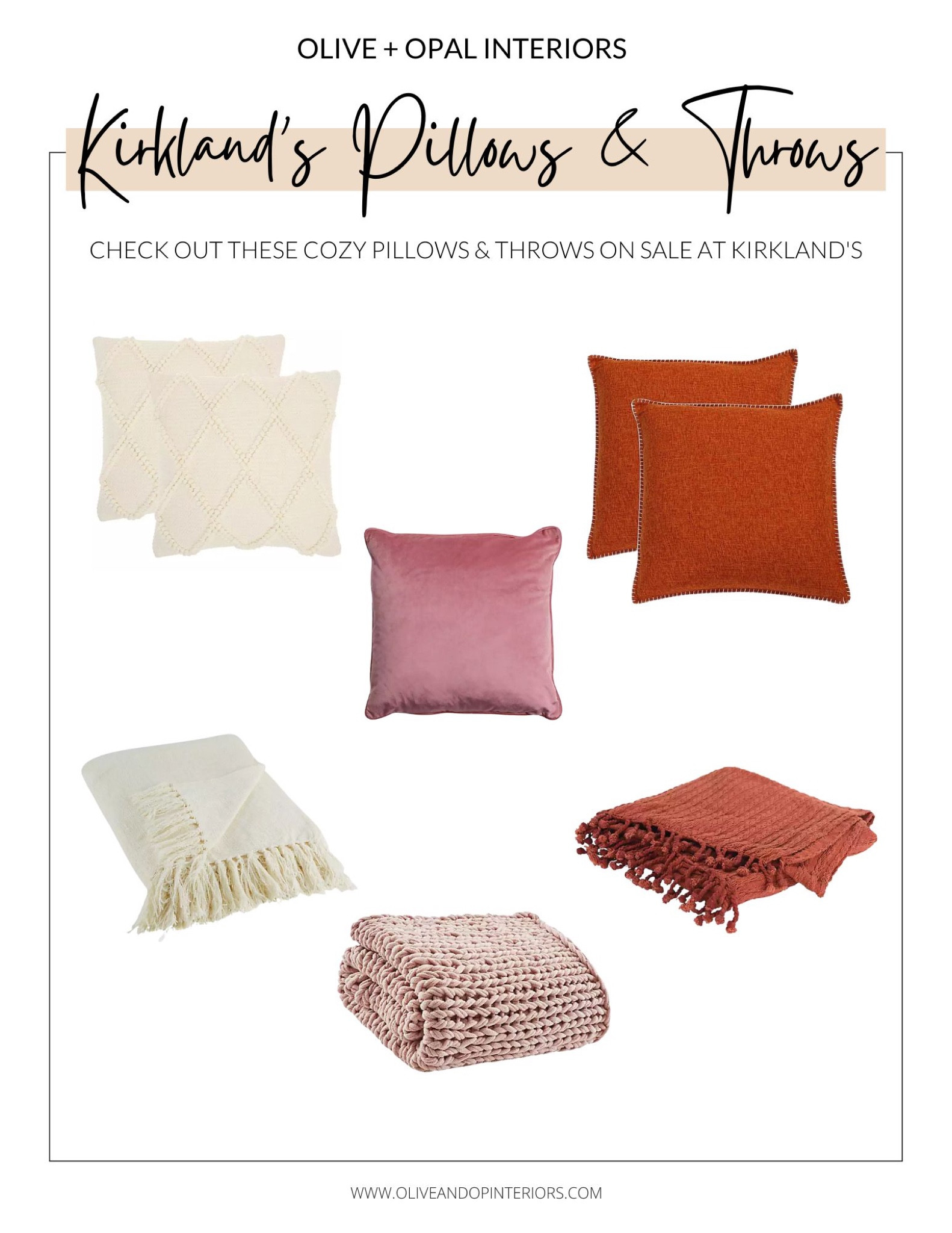 Do you need to add some warmth to your home before holiday visitors?! Check out this roundup of some of the pillows and throws on sale at Kirkland’s!
.
.
.
Cream Knotted Pillow
Mauve Velvet Pillow 
Rust Chunky Weave Pillow
Cream Chenille Throw
Blush Chunky Knot Throw
Rust Cable Knit Throw
Cozy Decor 

#LTKSeasonal #LTKsalealert #LTKhome