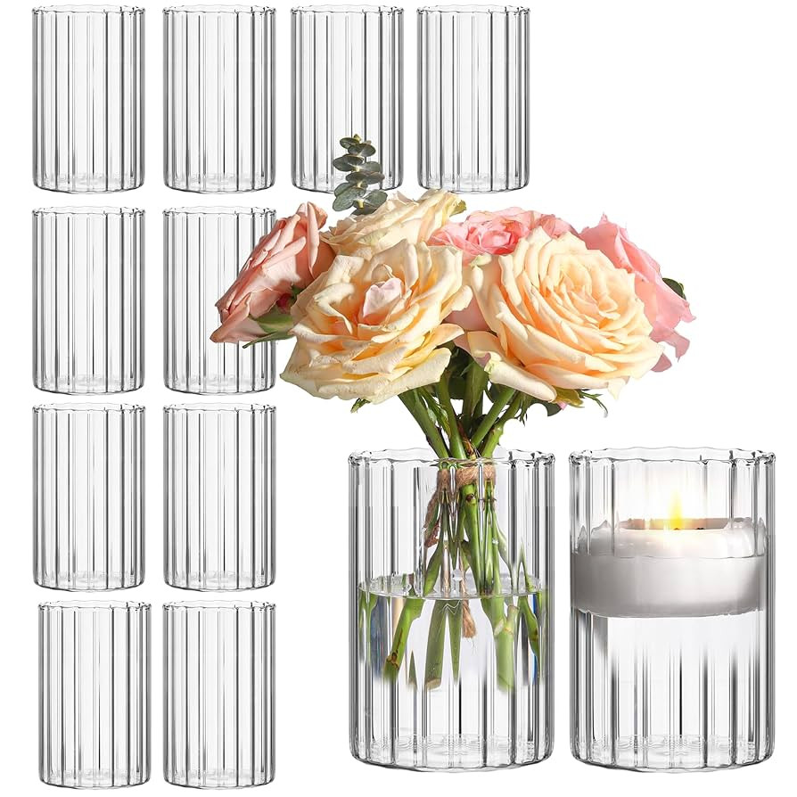ComSaf Glass Cylinder Vases Pack of 12, Clear Ribbed Bud Vases for Centerpieces Weeding Decoratio... | Amazon (US)