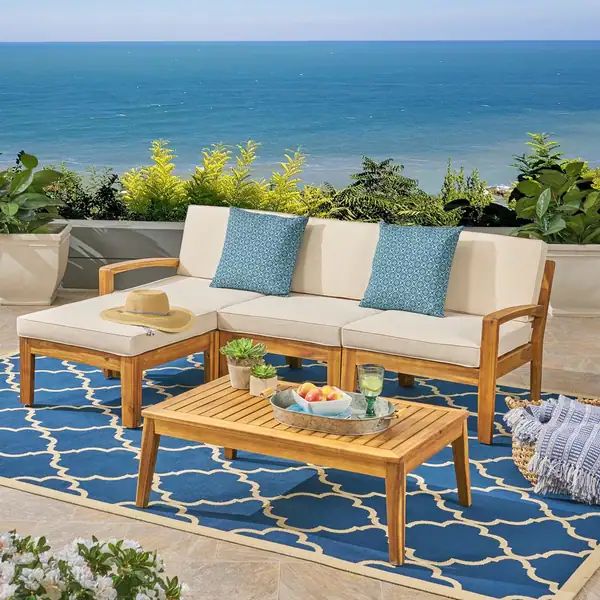 Grenada Outdoor 3-Seater Acacia Wood Frame Sectional Sofa Set with Water-Resistant Cushion by Chr... | Bed Bath & Beyond