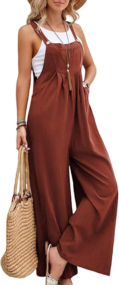 Womens Cotton Bib Overalls Casual Loose Fit Jumper Adjustable Strap Wide Leg Jumpsuits with Pocke... | Amazon (US)