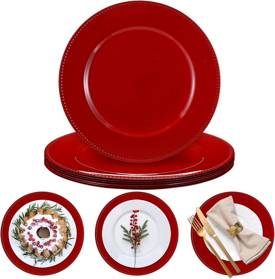 Bokon 6 Pack Valentine's Day Charger Plates 13" Round with Beaded Plastic Charger Plates Elegant ... | Amazon (US)