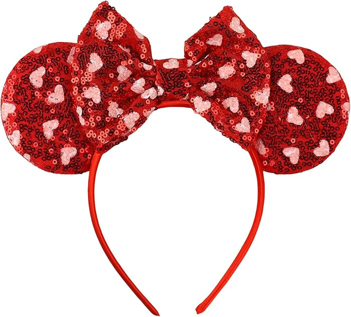 Mouse Ears Bow Headband -Red Heart Shiny Sequins Hairband for Woman Gir -Holiday Cute Hair Decora... | Amazon (US)