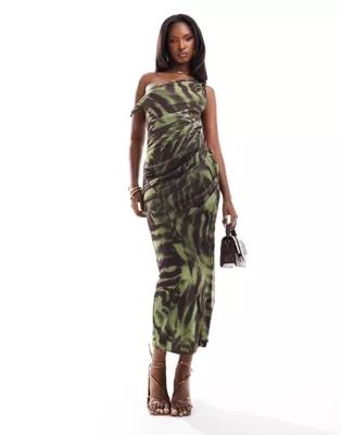 ASOS DESIGN twist one shoulder mesh midi dress in green abstract animal print | ASOS (Global)