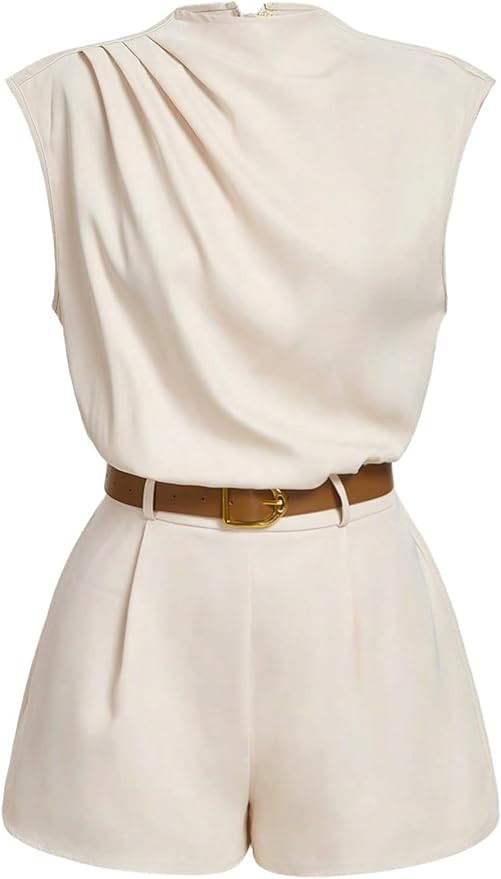 SOLY HUX Women's Summer Ruched Mock Neck Romper Elegant Cap Sleeve Belted Work Short Jumpsuits | Amazon (US)