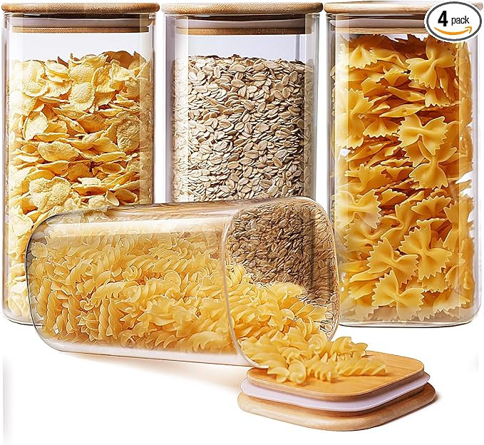 Square Glass Jars with Bamboo Lids 53 FL OZ [Set of 4], Glass Canisters with Airtight Lid, Glass ... | Amazon (US)