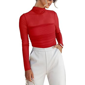 REORIA Women’s Trendy Sexy Mock Turtle Neck Long Sleeve Sheer Mesh Ruched Going Out Bodysuits T... | Amazon (US)