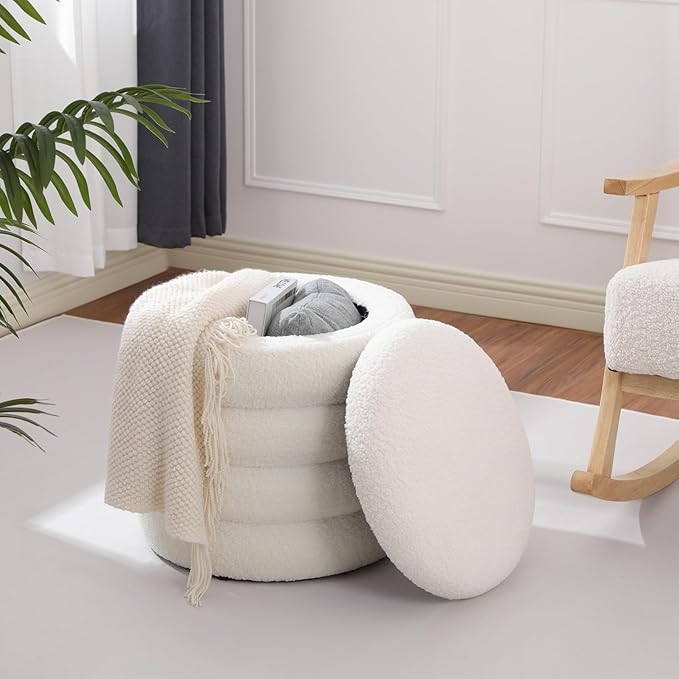 Teddy Sherpa Round Ottoman with Storage, Modern Upholstered Vanity Stool Foot Rest, Small White B... | Amazon (US)