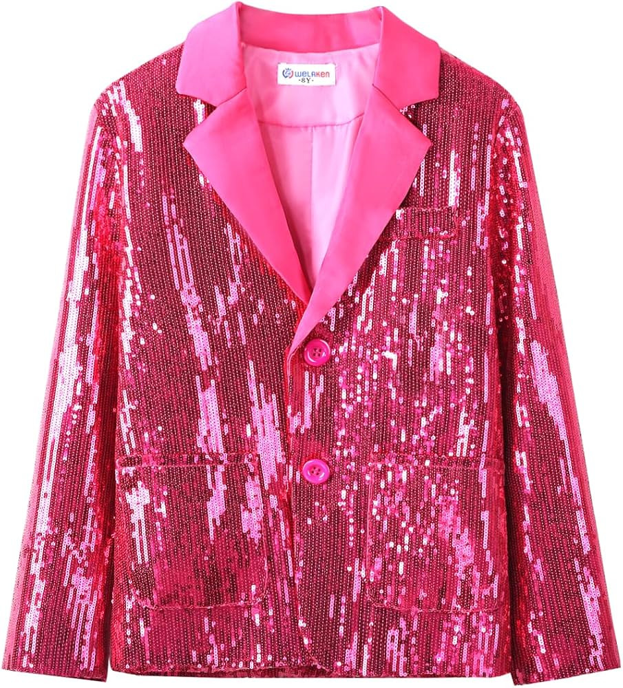 WELAKEN Girls Sequin Blazers Jacket Long Sleeve Notched Lapel Button Down Suit Coat with Pockets | Amazon (US)