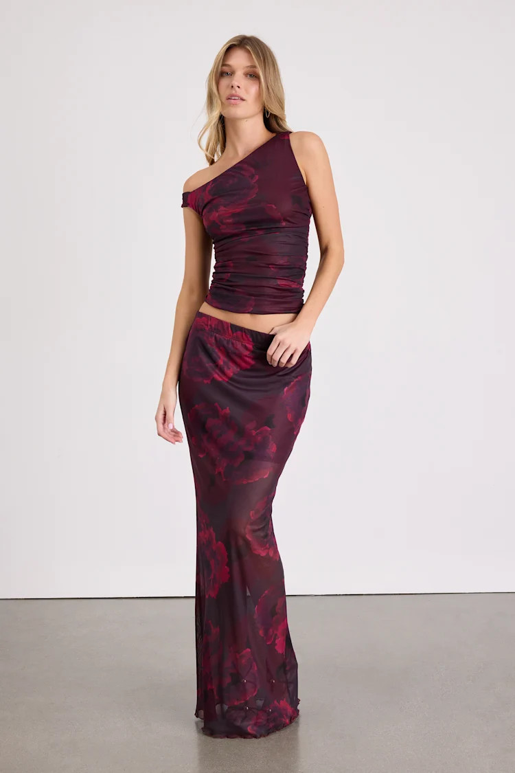 Camella Dark Plum Floral Mesh Maxi Skirt | Lulus