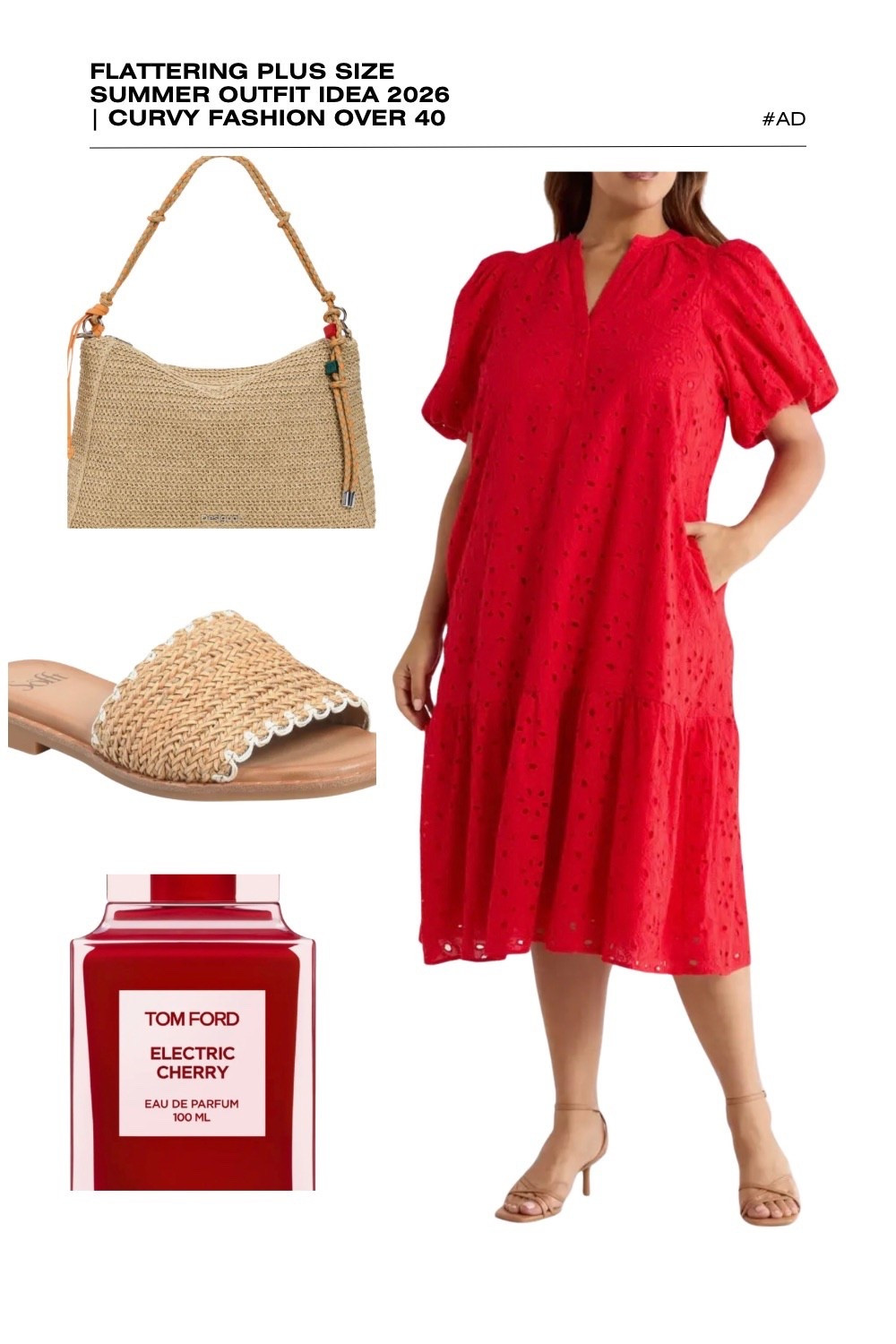 Make a bold statement with this vibrant red plus size summer outfit idea for 2026! This flattering red eyelet midi dress is a must-have for curvy fashion over 40, featuring a split V-neckline, playful puff sleeves, and a tiered skirt for maximum breezy comfort. The intricate embroidery and functional pockets make it the perfect summer vacation dress.
We’ve paired this eye-catching red dress with a structured straw hobo bag and woven raffia slide sandals with a delicate scalloped edge for a textured, natural finish. The ensemble is perfectly elevated by the bold, fruity notes of Tom Ford Electric Cherry. Whether you're looking for a summer brunch outfit or elegant resort wear, this look is a 2026 favorite. #PlusSizeFashion #RedEyeletDress #SummerOutfits2026 #CurvyStyle #TomFordElectricCherry #TomatoGirlSummer #EyeletDress