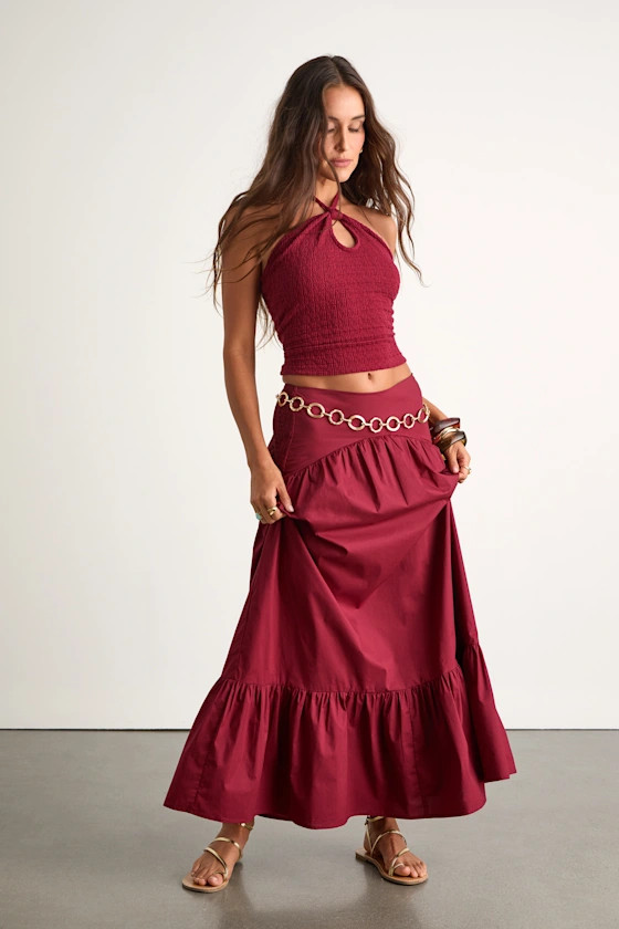 Juniper Dark Red Cotton Mid-Rise Maxi Skirt | Lulus