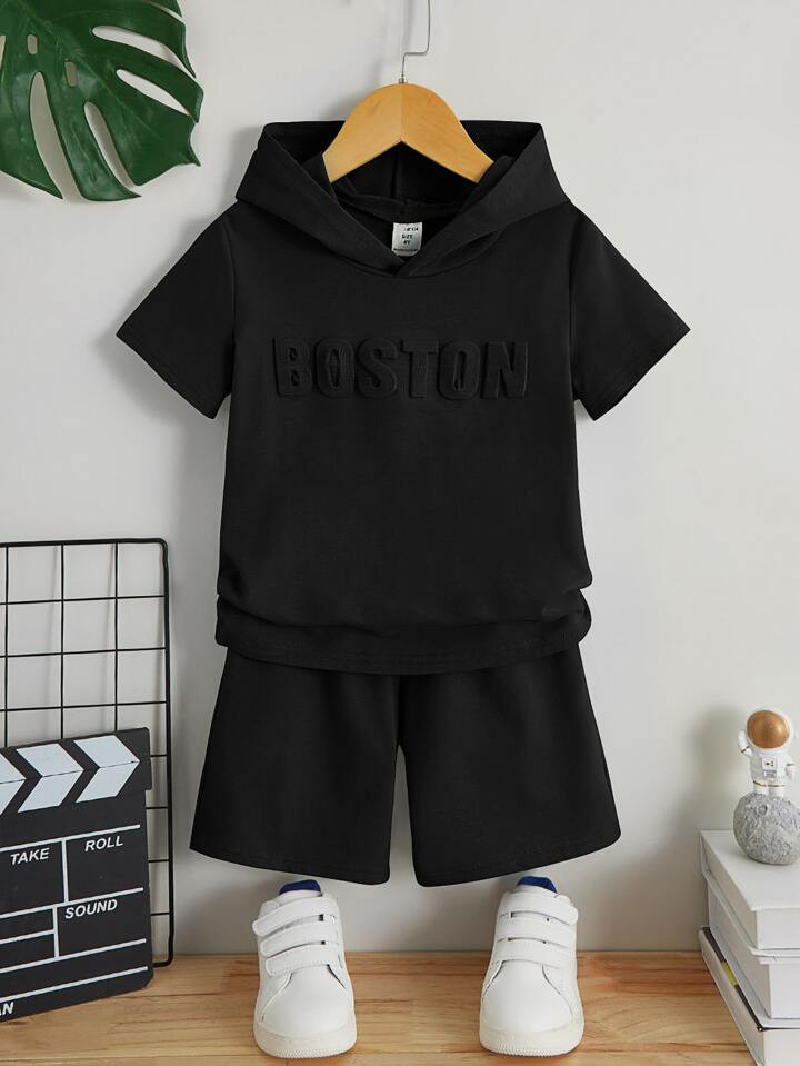 SHEIN Kids EVRYDAY Toddler Boys Letter Graphic Hooded Tee & Shorts | SHEIN