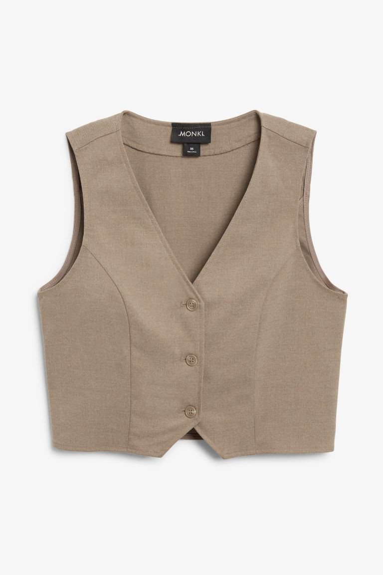 Cropped single-breasted waistcoat - Dark beige - Ladies | H&M GB | H&M (UK, MY, IN, SG, PH, TW, HK)