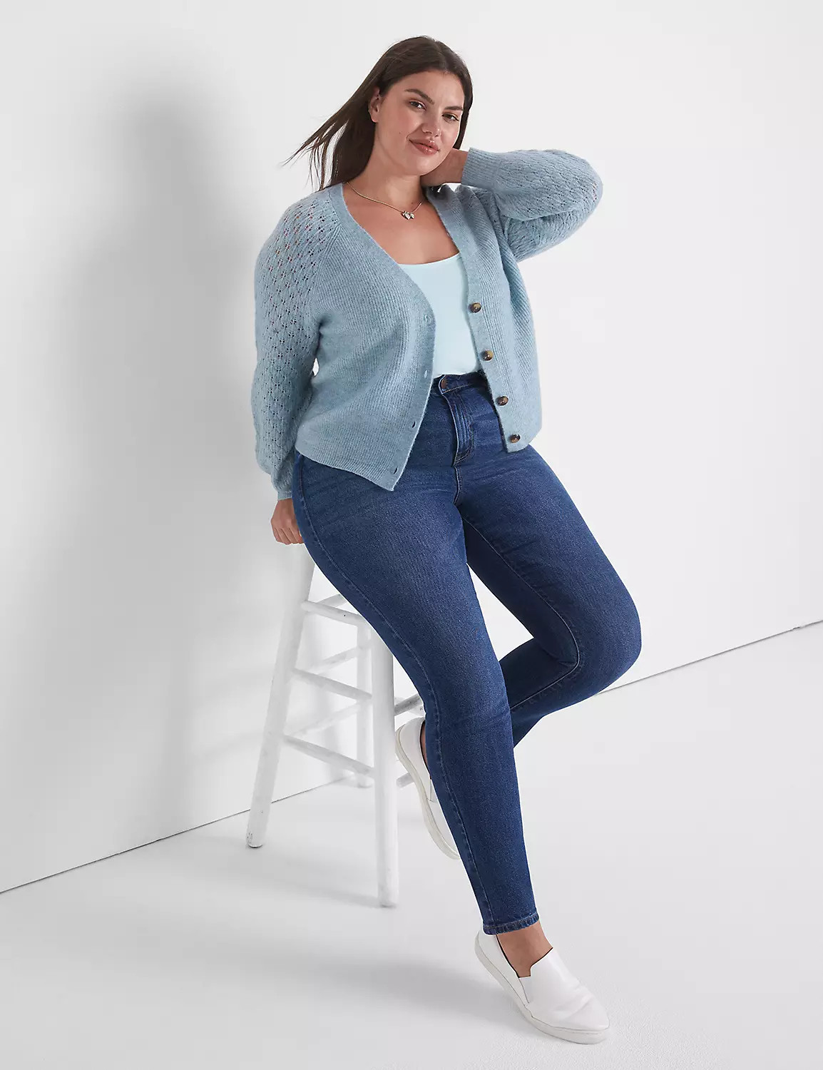 Classic Long-Sleeve Button-Front Pointelle-Sleeve Cardigan | LaneBryant | Lane Bryant (US)
