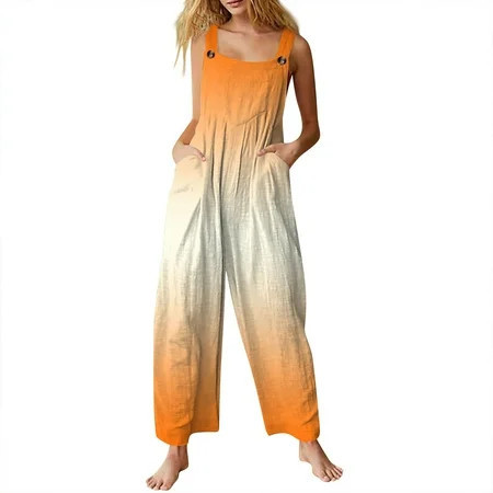 Difdany Linen Overalls for Women Adjustable Strap Plus Size Overalls Sleeveless Button Up Comfy Romper with Pockets Orange 2XL | Walmart (US)