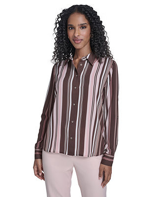 Women's Slim-Fit Striped Button Up Top | Macy's