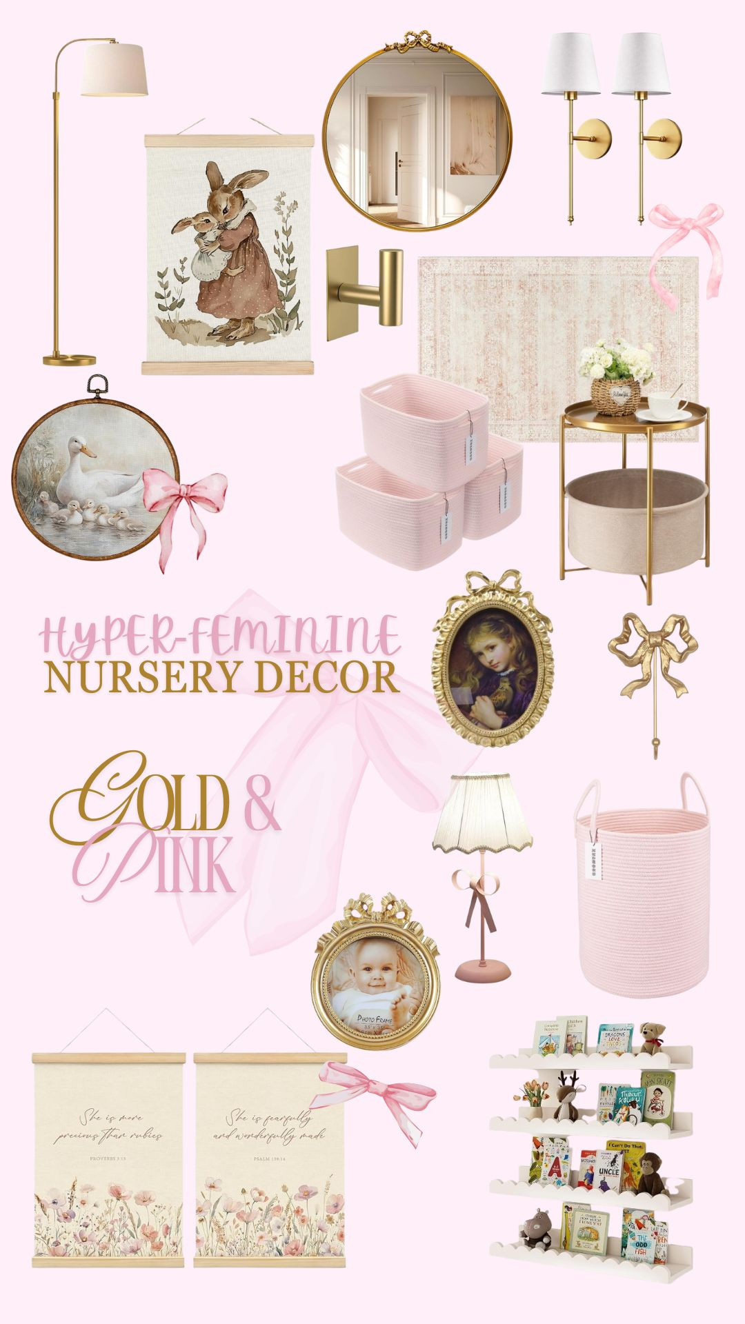 Girly-girl, coquette, hyper-feminine; whatever you want to call it, here are some of my favorite trendy but classic picks that I would purchase for my little girl's nursery (if I weren't having a boy any day now). Focused on pink, gold, bows, baby animals - the mother and baby bunny print almost made me cry - this curation screams mommy's little princess. Make sure to check the tagged products for even more products to complete the room!  

 #LTKHome #LTKBaby #LTKBump