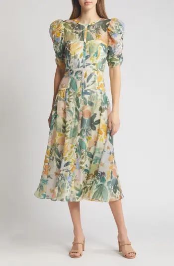 Mincia Floral Puff Sleeve Midi Dress | Nordstrom