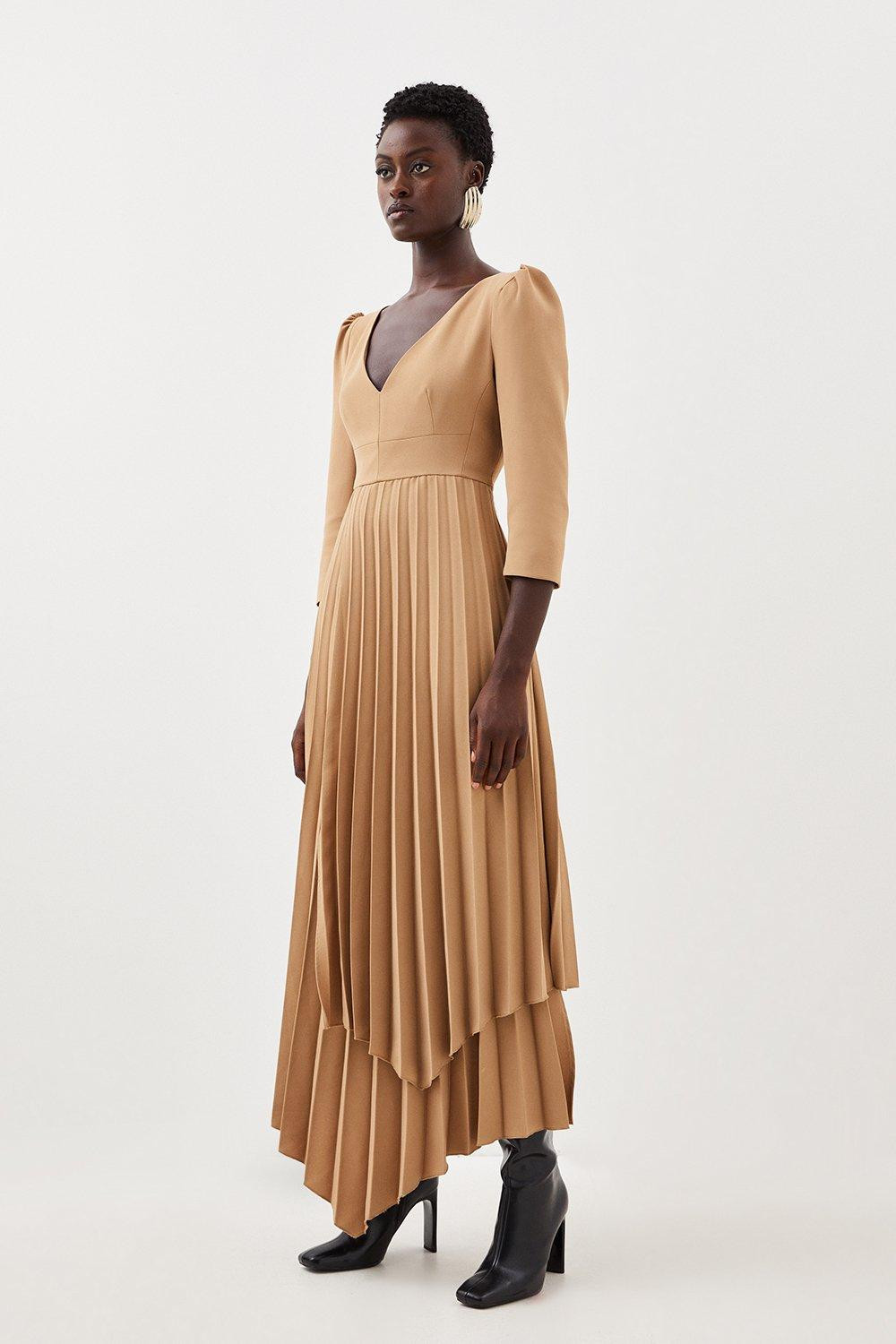 Military Pleat Panelled V Neck Tailored Midi Dress | Karen Millen US