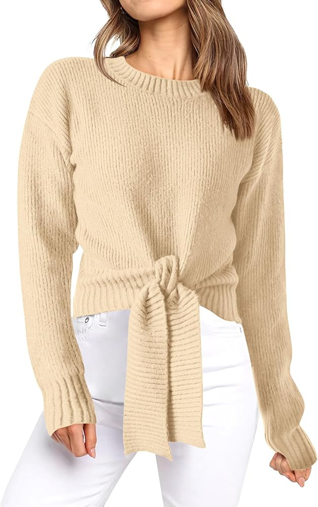 Okiwam Women's Long Sleeve Cropped Sweaters Casual Knit Pullover Tie Front Crew Neck Fall Outfits... | Amazon (US)