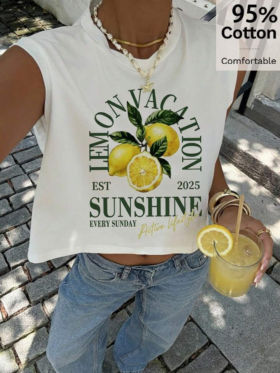 Siren Gaze Women's White 92% Cotton Lemon Vacation Print Tank Top,Summer Casual Holiday Tee For I... | SHEIN