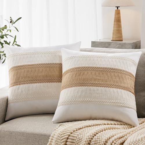 YZJZEDS Soft Cotton Boho Throw Pillow Covers Set of 2, Natural White/Contrast Brown 22x22 Inch, Tan Farmhouse Decorative Cushion Covers for Sofa Bed Living Room Home Decor | Amazon (US)