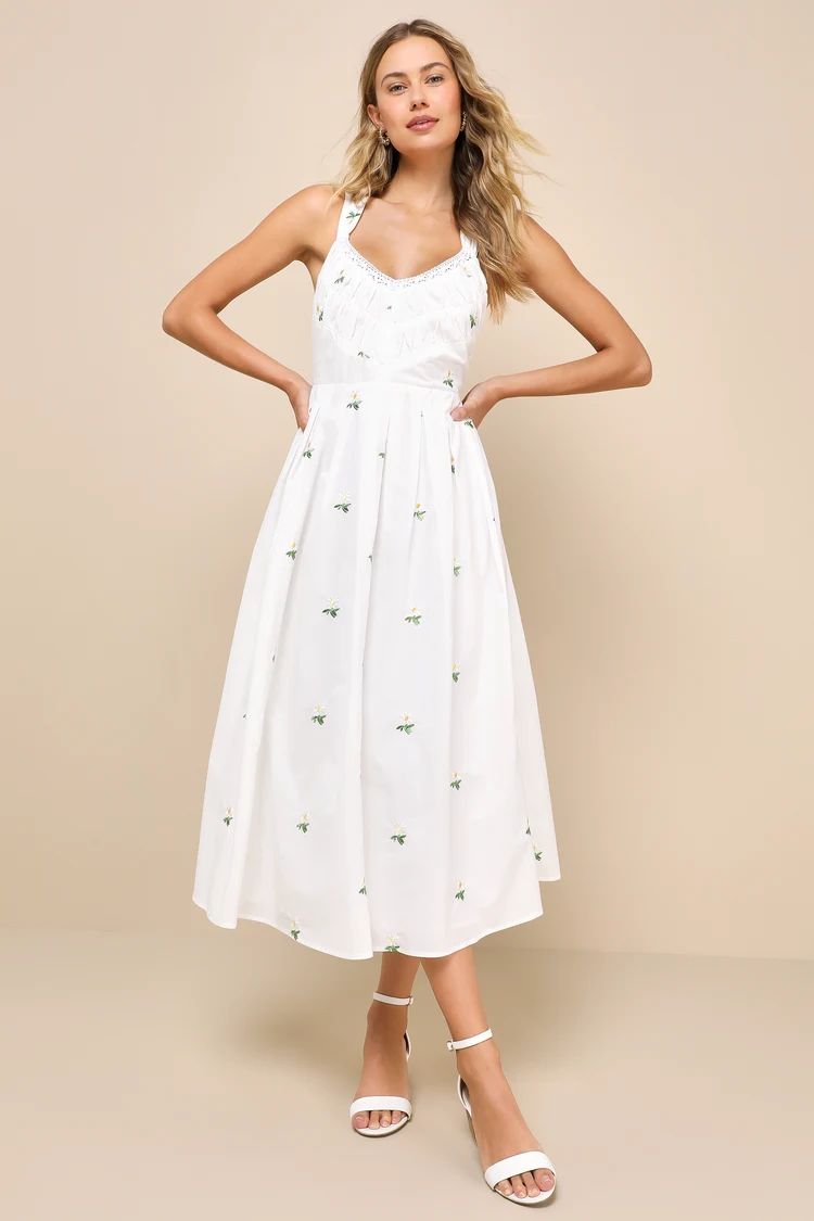 Delicate Excellence White Floral Embroidered Tie-Back Midi Dress | Lulus