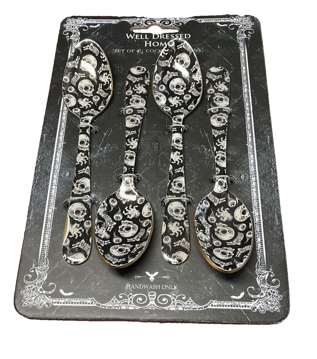 WELL DRESSED HOME Cocktail Spoons (4) BLACK WHITE SKULLS SKELETONS METAL NIP | eBay US