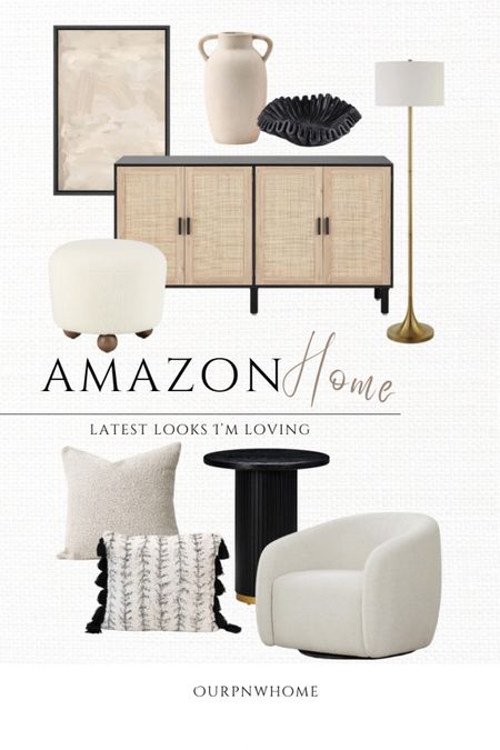 Latest Amazon home favorites!

White accent chair, ivory armchair, cane cabinet, black sideboard, black end table, pedestal accent table, boucle ottoman, gold floor lamp, modern home, black and white home, abstract wall art, geometric wall art, boucle throw pillow, tasseled accent pillow, white vase, black scalloped bowl, ruffled bowl

#LTKhome #LTKstyletip