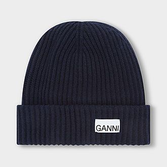GANNI Logo Rib Knit Beanie Hat - Sky Captain | Arnotts