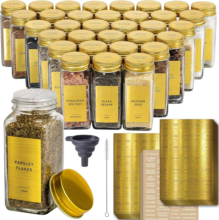Laramaid 4oz 24Pack Glass Jars with 640 Minimalist Gold Vinyl Spice Labels, Shaker Lids Dispenser... | Amazon (US)