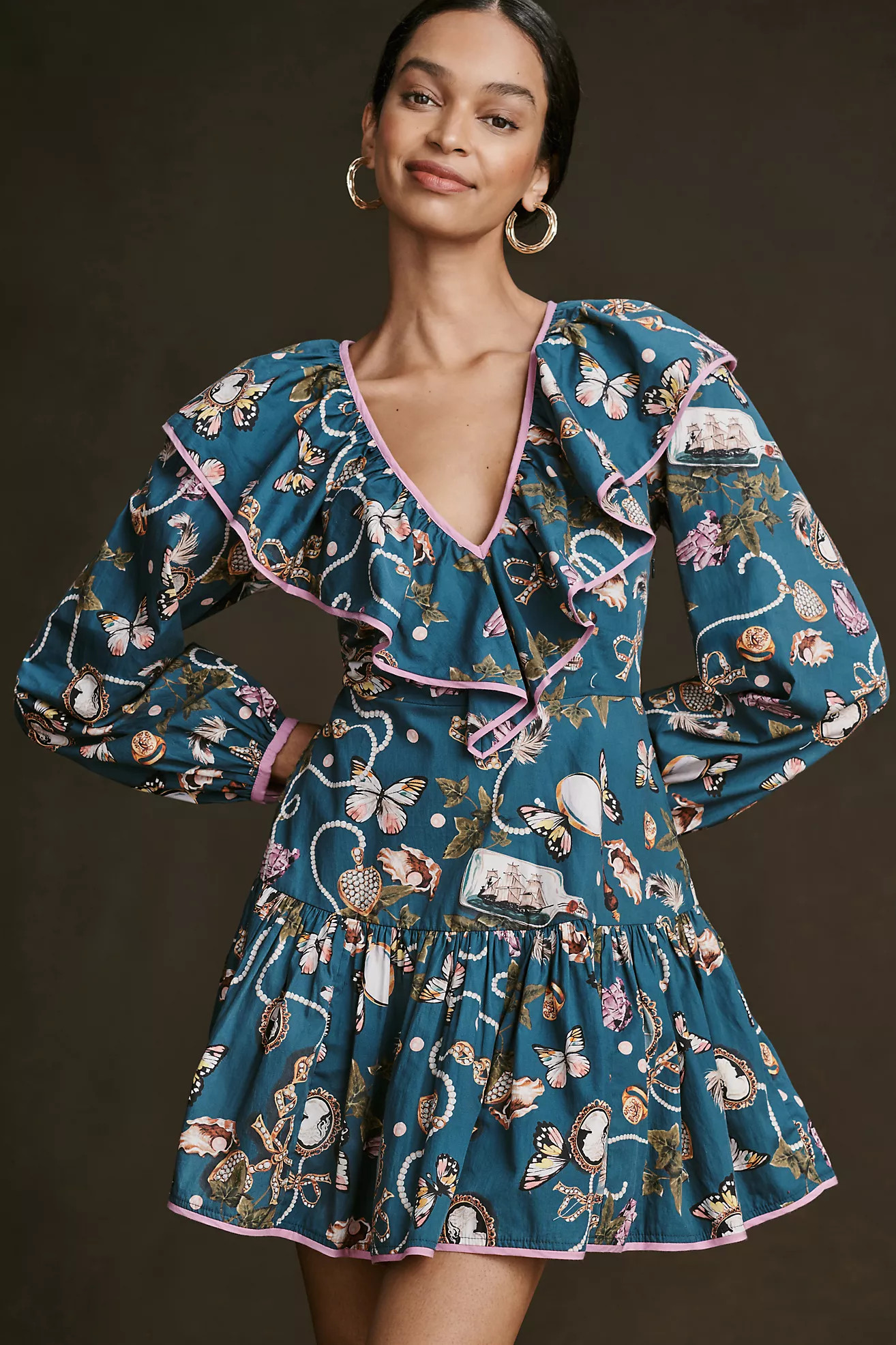 Maeve Long-Sleeve Ruffled V-Neck Printed Mini Dress | Anthropologie (US)