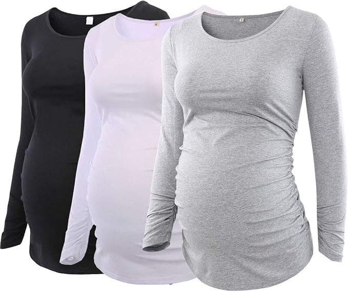 Ecavus Pack 3pcs Women's Maternity Tunic Tops Long Sleeve Flattering Side Ruched Pregnancy Shirt | Amazon (US)