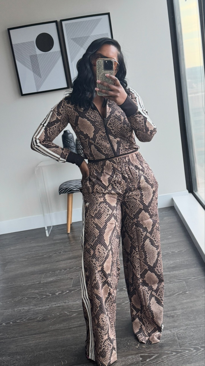 Snake print satin @adidas matching tracksuit set. I’m wearing a size XS in the track jacket and a size M in the track pants. Size up in the jacket if you want a looser fit, it has no stretch. 

#summeroutfit #outfitinspo

#LTKootd