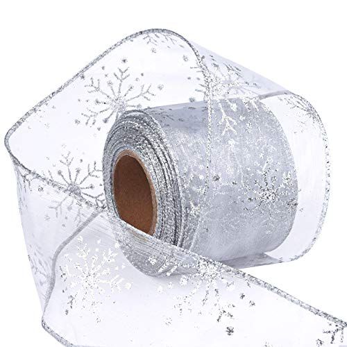 Livder 2.5 Inch Wide Christmas Wired Ribbon Snowflake Organza Sheer Glitter Ribbon for Xmas Tree, Wr | Amazon (US)