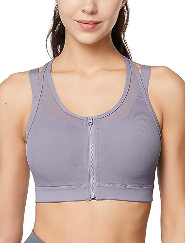 Yvette High Impact Women Sports Bra Front Closure Double Deck Mesh Running Bra for Plus Size, Violet | Amazon (US)