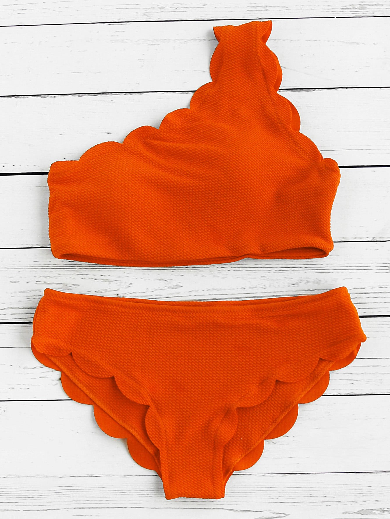 Scalloped Trim One Shoulder Bikini Set | SHEIN