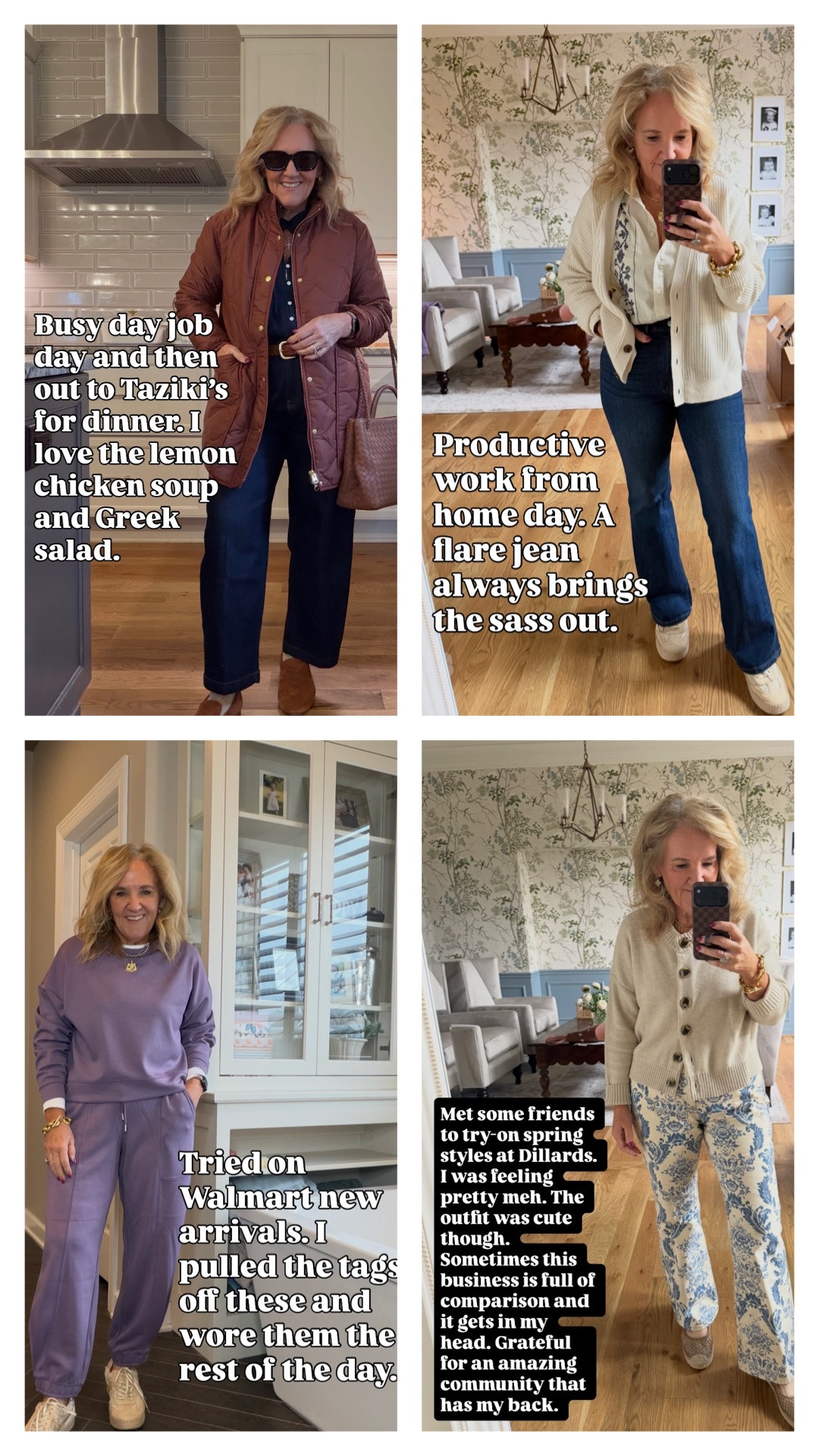 Quince jacket size medium 
Chicos tapered jeans size 1.0
LOFT flare jeans size 29 petite
Cashmere sweater size medium
LOFT embroidered blouse size medium
Walmart scuba set crewneck size medium joggers size small
Quince sweater size medium
And Taylor floral jeans size 8 petite the jeans don’t have stretch

#LTKPetite #LTKSaleAlert #LTKOver40