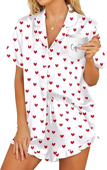 HOTOUCH Womens Satin Pajamas Set Button Down 2 Piece Silk Pjs Shorts Set Ruffle Lingerie Notch Co... | Amazon (US)