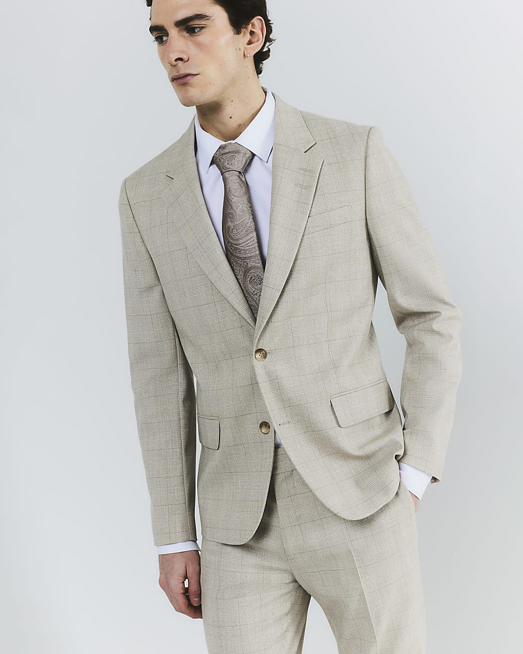 Beige Check Slim Suit Jacket | River Island UK & IE