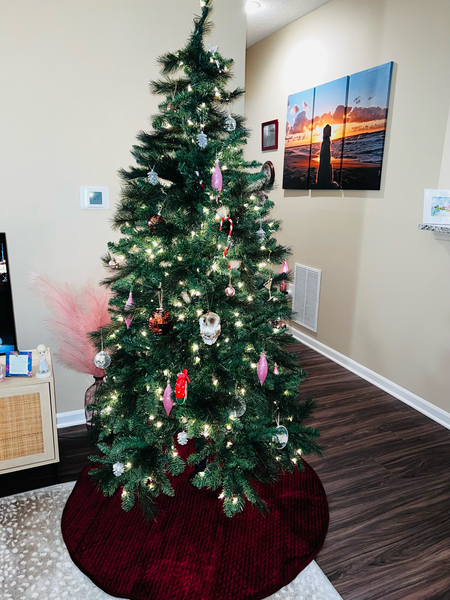 🎄 Merry Christmas 🎄 my first tree ✨ 7foot pre lit easy to assemble. Disco ball 🪩 ornaments, fusica ornaments linked Bc pink are sold out but exact same. Martini 🍸 glass personalized candy cane and silver glitter acorns. Everything exact linked. Tree skirt is velvet easy to assemble.   #merrychristmas #christmastree #christmas 

#LTKhome #LTKSeasonal #LTKHoliday