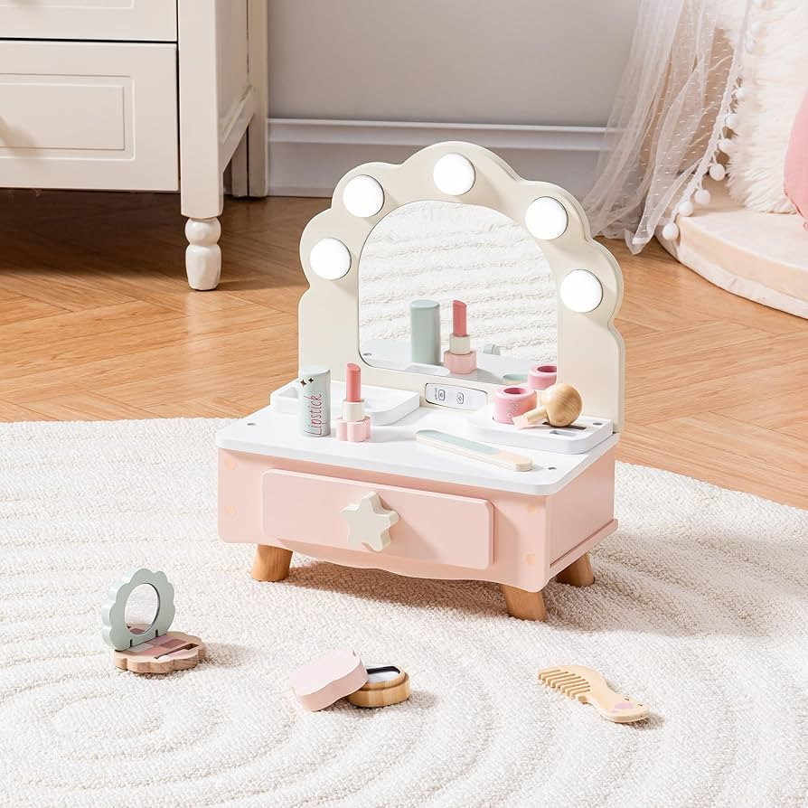 ROBOTIME Toddler Vanity Makeup Table Toy with Mirror & Light, Wooden Kids Makeup Vanity Set, Dres... | Amazon (US)