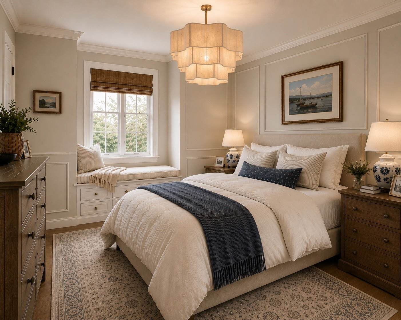 Shop the look ~
There’s something about layered neutrals, soft textures, warm wood tones, and classic architectural details that instantly makes a bedroom feel peaceful.

A few of my favorite design details:
✨ Decorative wall molding for character
✨ Plush white bedding layered with soft blues
✨ A woven Roman shade for natural texture
✨ Vintage-inspired rug to ground the room
✨ Warm wood furniture for contrast
✨ A subtle striped window seat that feels custom
✨ The prettiest linen chandelier to soften the space

#LTKHome