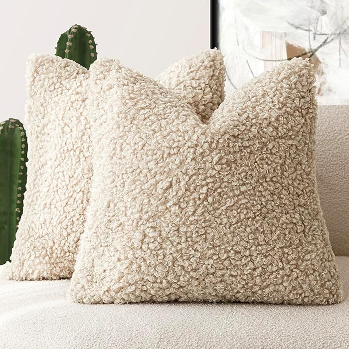 Foindtower 2 Pieces 22x22 Inch Light Khaki, Faux Fur Throw Pillow Cover Accent Sherpa Pillow Fuzz... | Amazon (US)