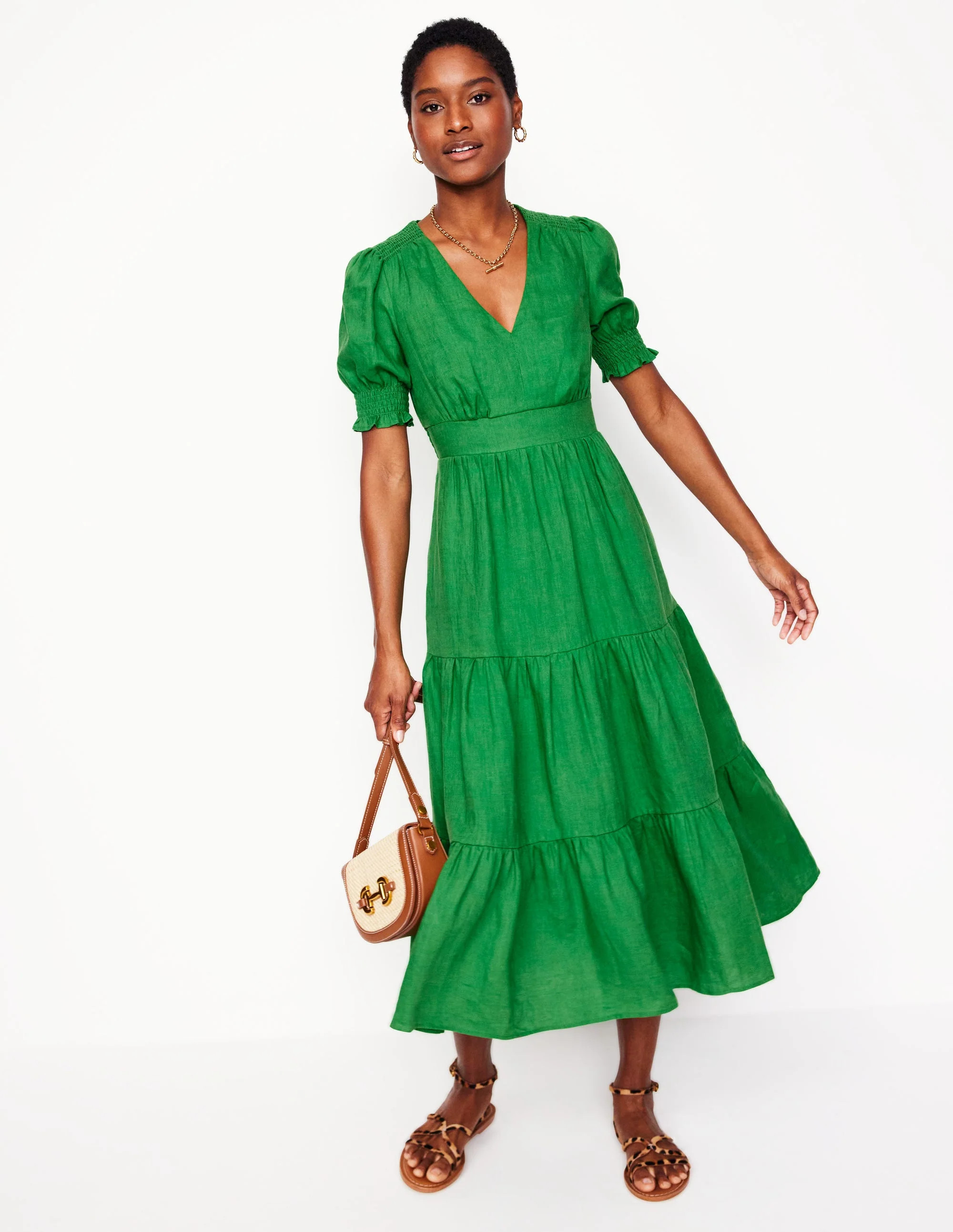 Anna Linen Tiered Midi Dress-Paradise Green | Boden (US)