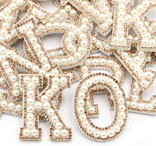 BAIHU 26Pcs Letters A-Z Letter Patches White Pearl Gold Rhinestone Sparkle Letter Patches Alphabet E | Amazon (US)