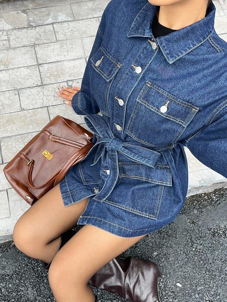 Siren Gaze Women's Dark Blue Denim Jacket Outerwear Autumn New Korean Style Fashionable Retro Ver... | SHEIN