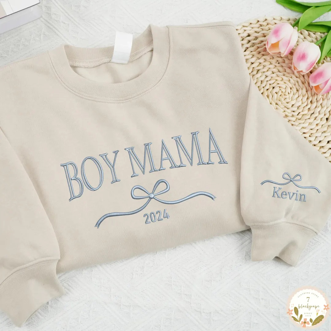 Embroidered Boy Mama Coquette Sweatshirt, Personalized Boy Mama With Name on Sleeve Shirt, Vintag... | Etsy (US)
