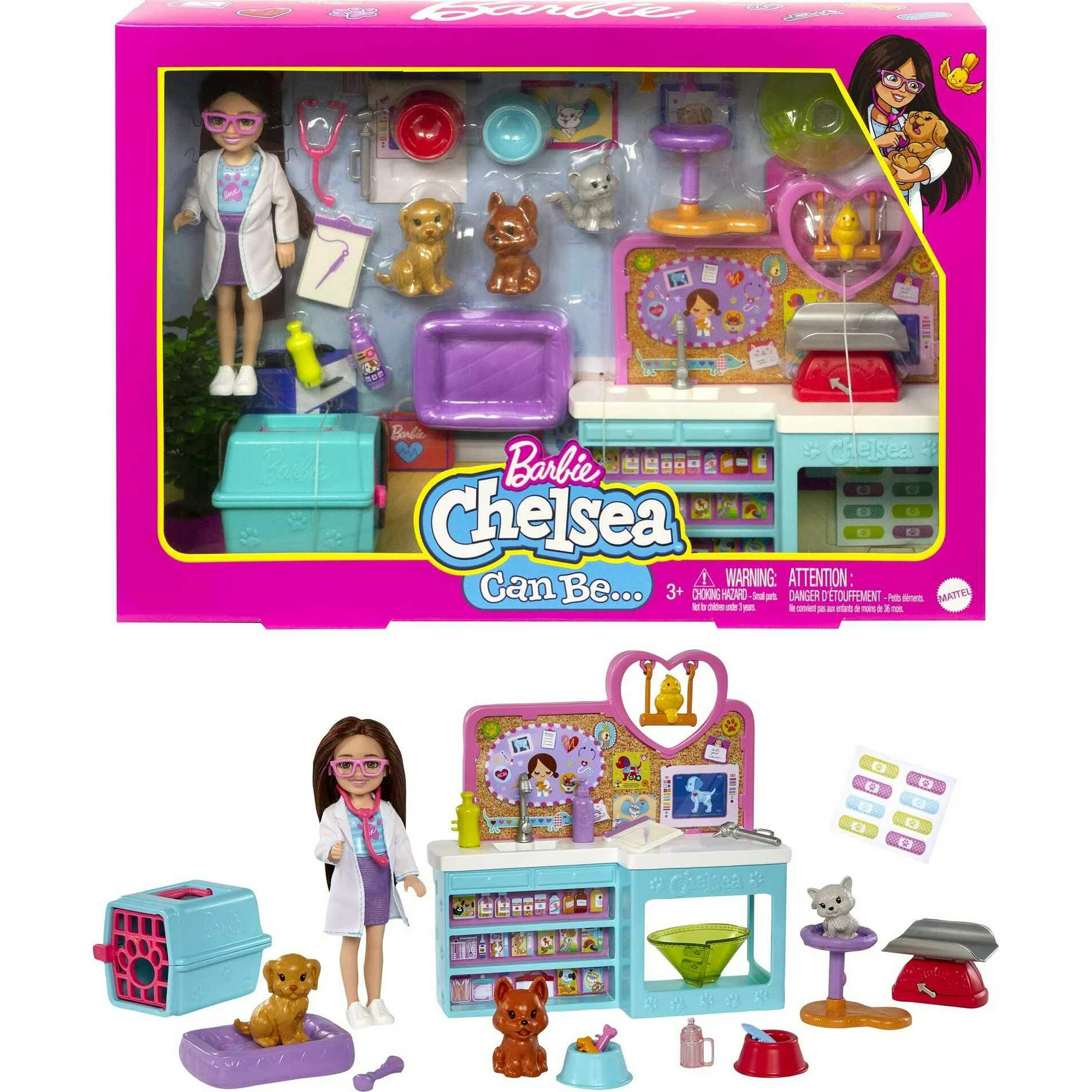 Barbie Doll Chelsea Pet Vet Playset with Doll, 4 Animals and 18 Pieces - Walmart.com | Walmart (US)